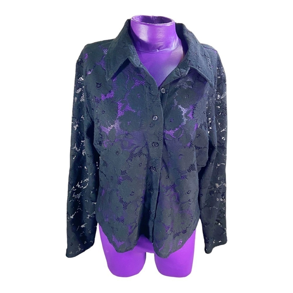 Jalate Limited vintage 90s black sheer mesh collared floral button up blouse